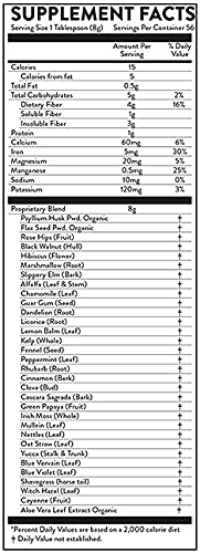 Hallelujah Diet fiber powder container with scoop ready to mix for healthy bowel regulation.