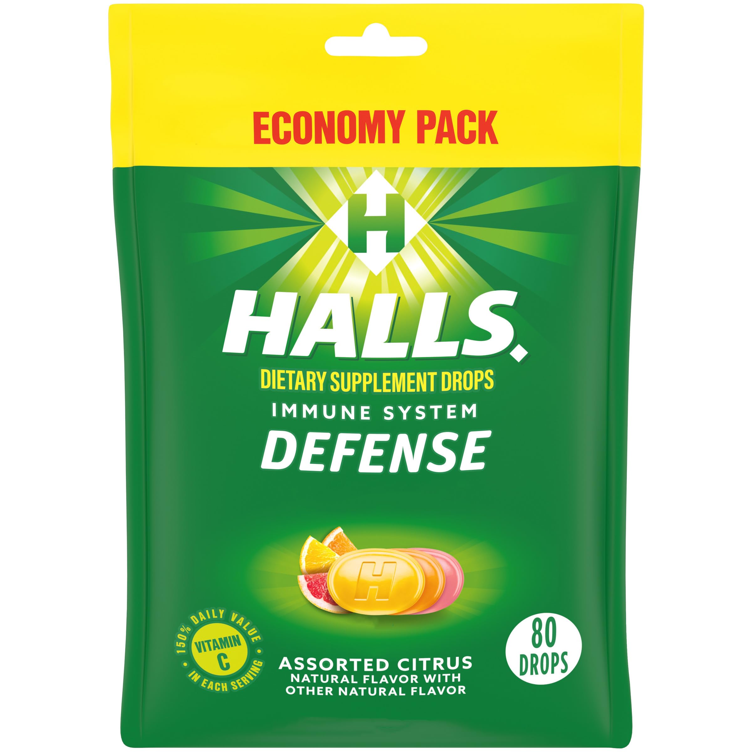 HALLS Defense assorted citrus bottle shows flavor variety for daily vitamin C.