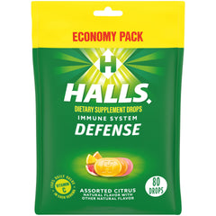 HALLS Defense assorted citrus bottle shows flavor variety for daily vitamin C.