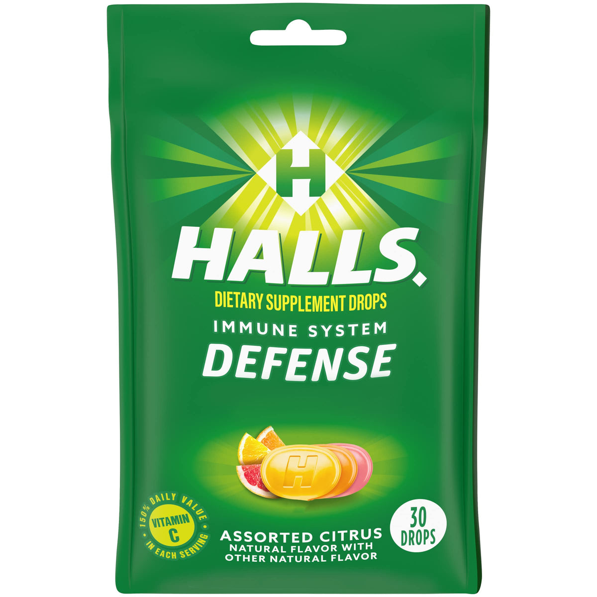 HALLS Defense assorted citrus drops in resealable pack for travel and immune support