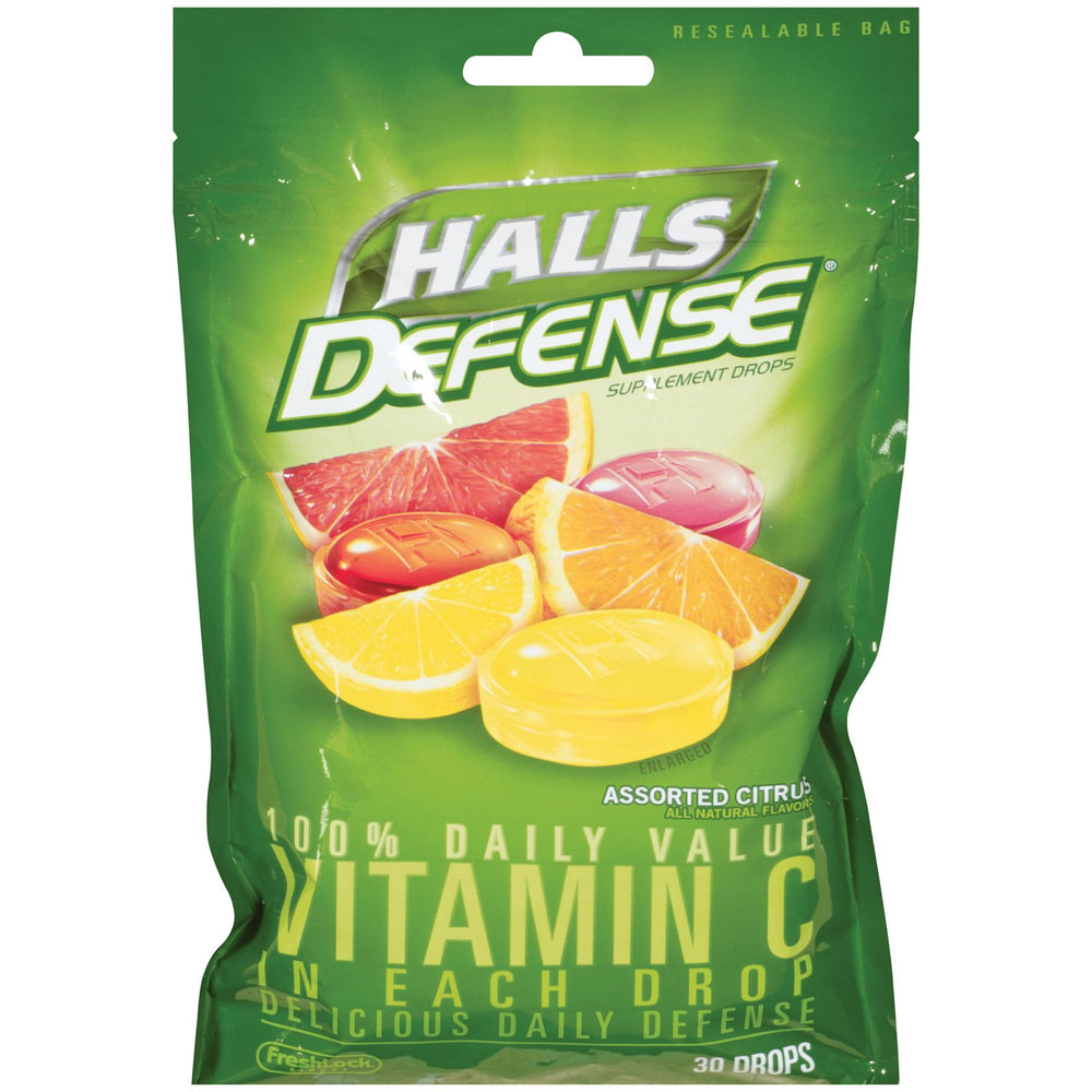Halls Defense Vitamin C drops bottle, fruit flavor, supports daily vitamin C intake.