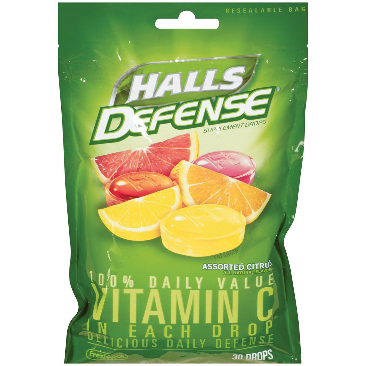 Halls Defense Vitamin C drops bottle, fruit flavor, supports daily vitamin C intake.