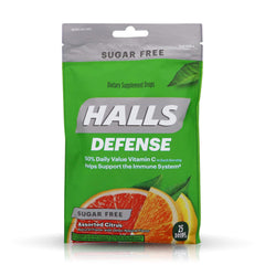 HALLS Defense Vitamin C Drops in a citrus bottle for immune support without sugar