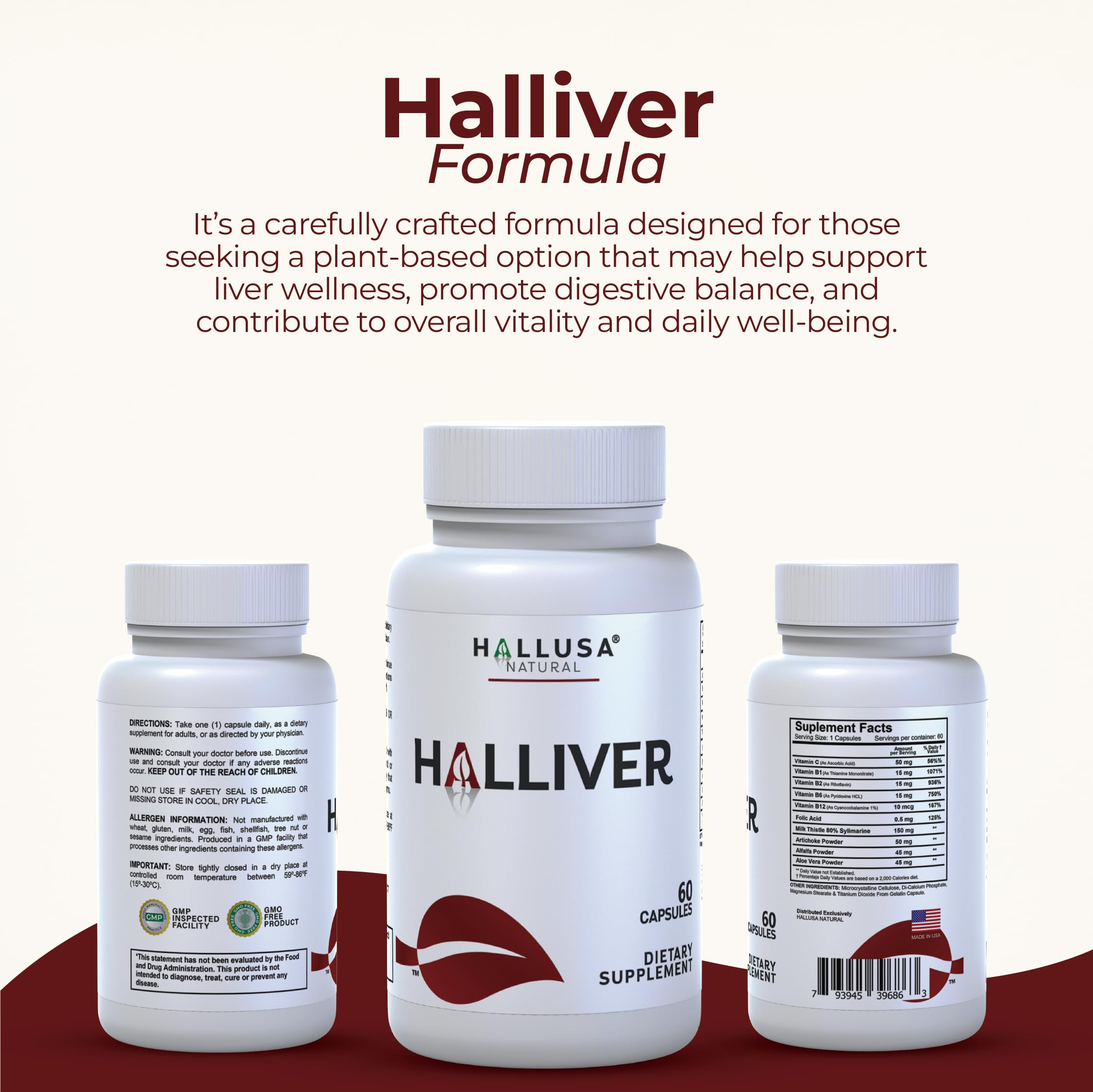 Halliver vitamin complex on label highlighting essential vitamins for daily vitality