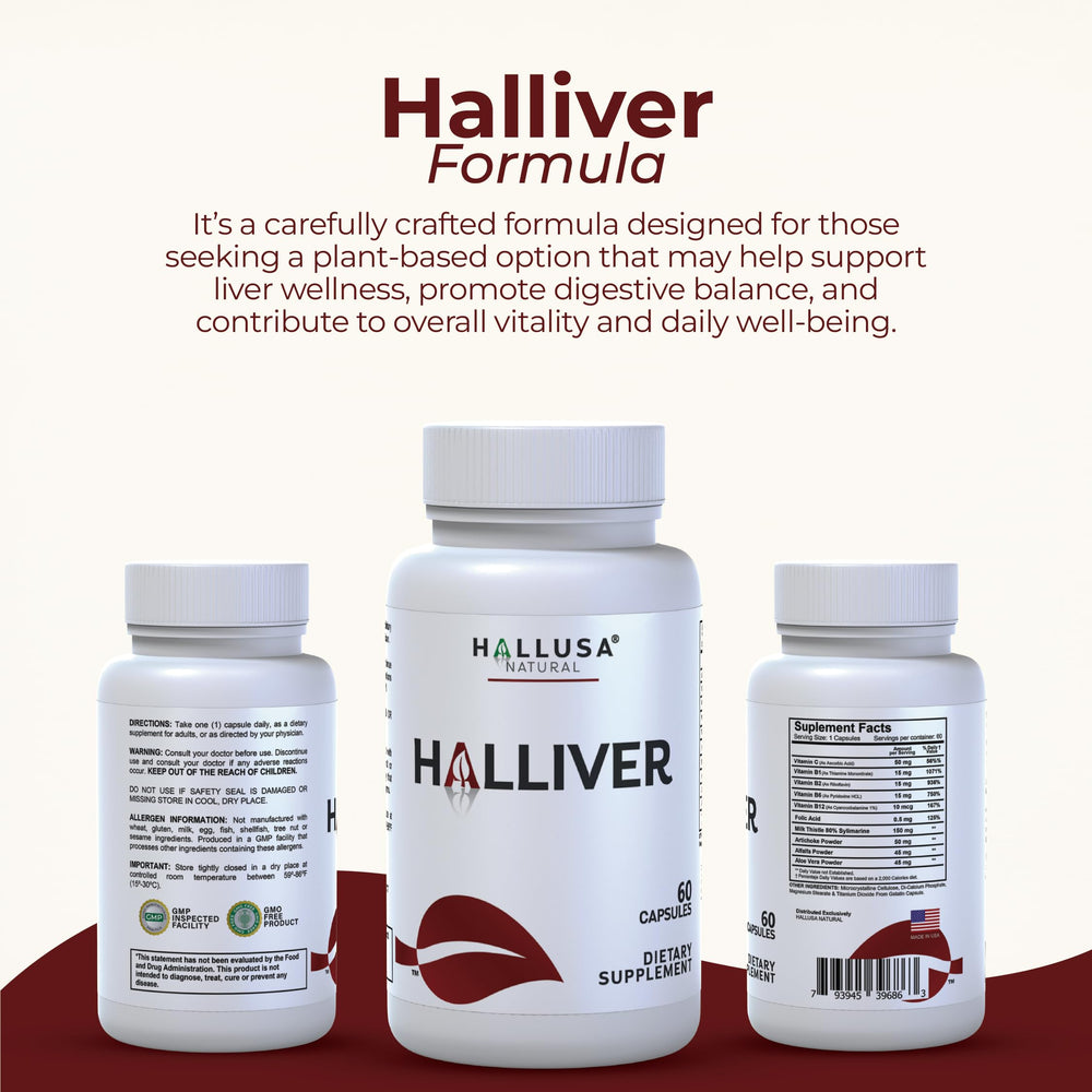 Halliver vitamin complex on label highlighting essential vitamins for daily vitality