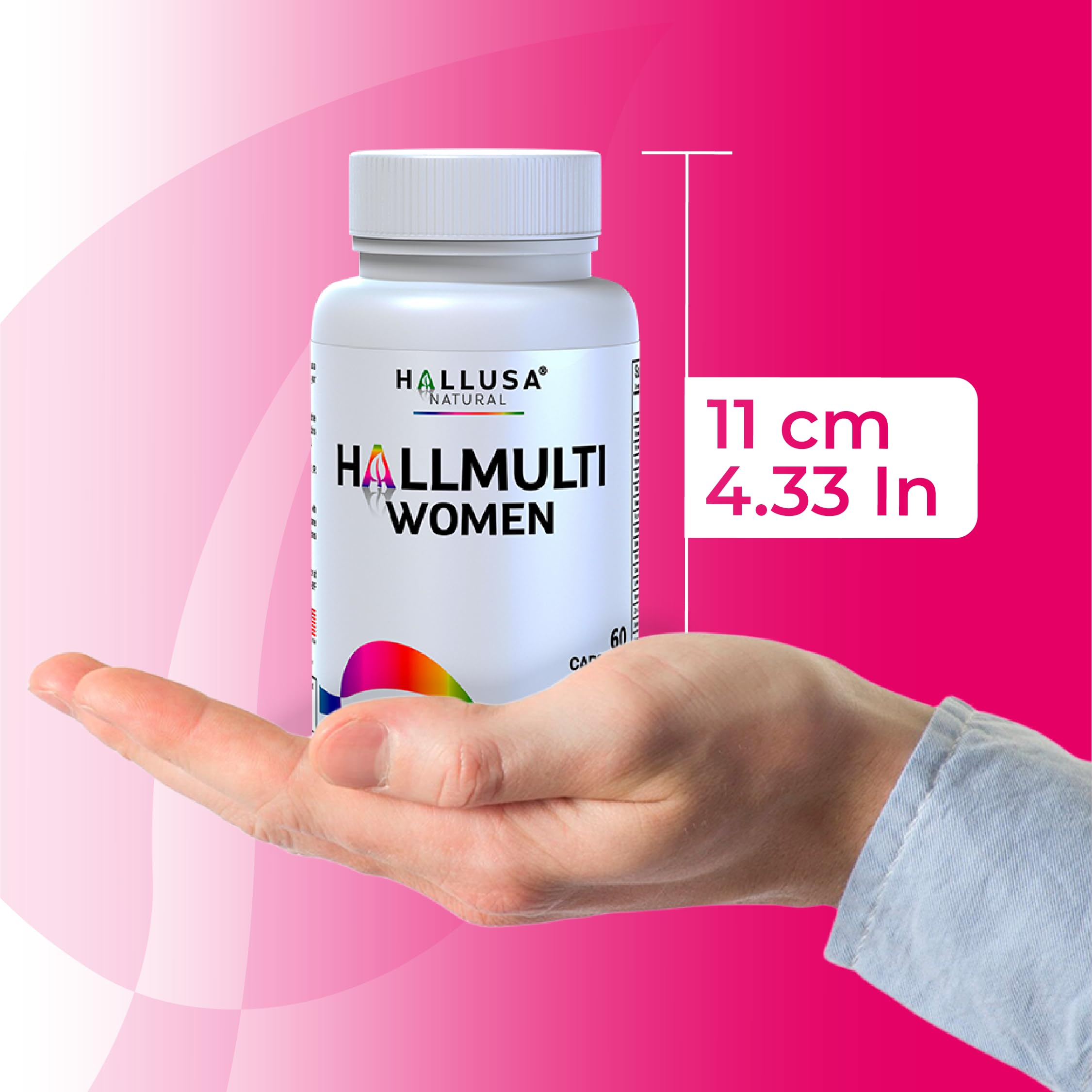 Hallusa Natural gluten-free label on multivitamin bottle for sensitive diets.