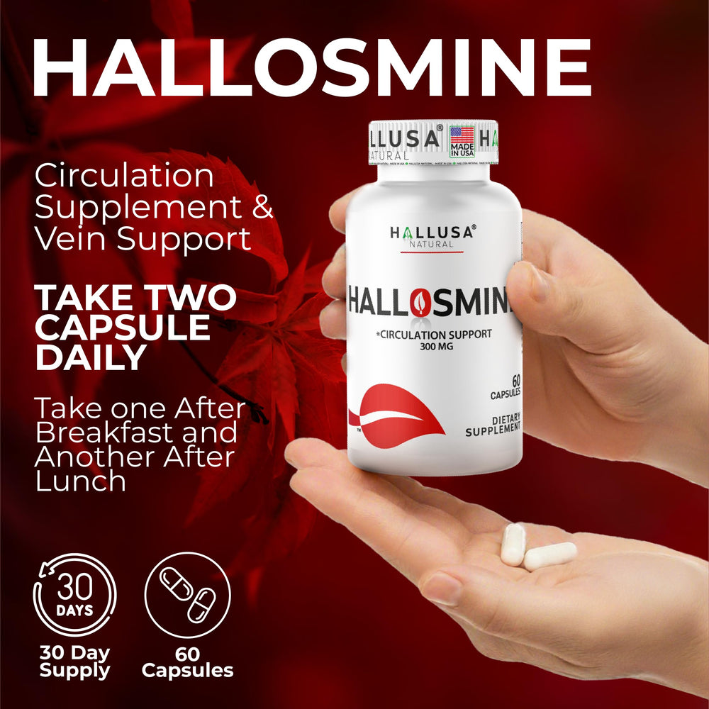 Hallusa Natural Hallosmine bottle on shelf in wellness setting.