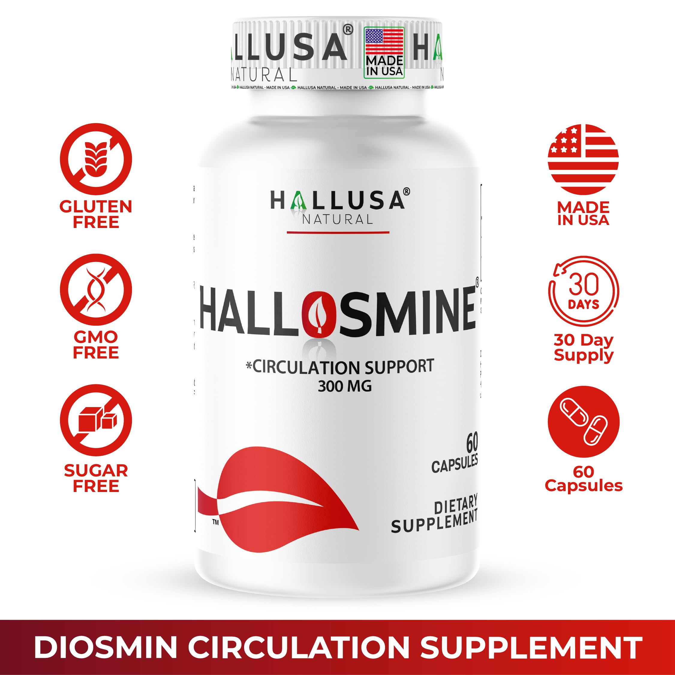 Hallusa Natural Hallosmine bottle with glass of water suggesting daily routine.