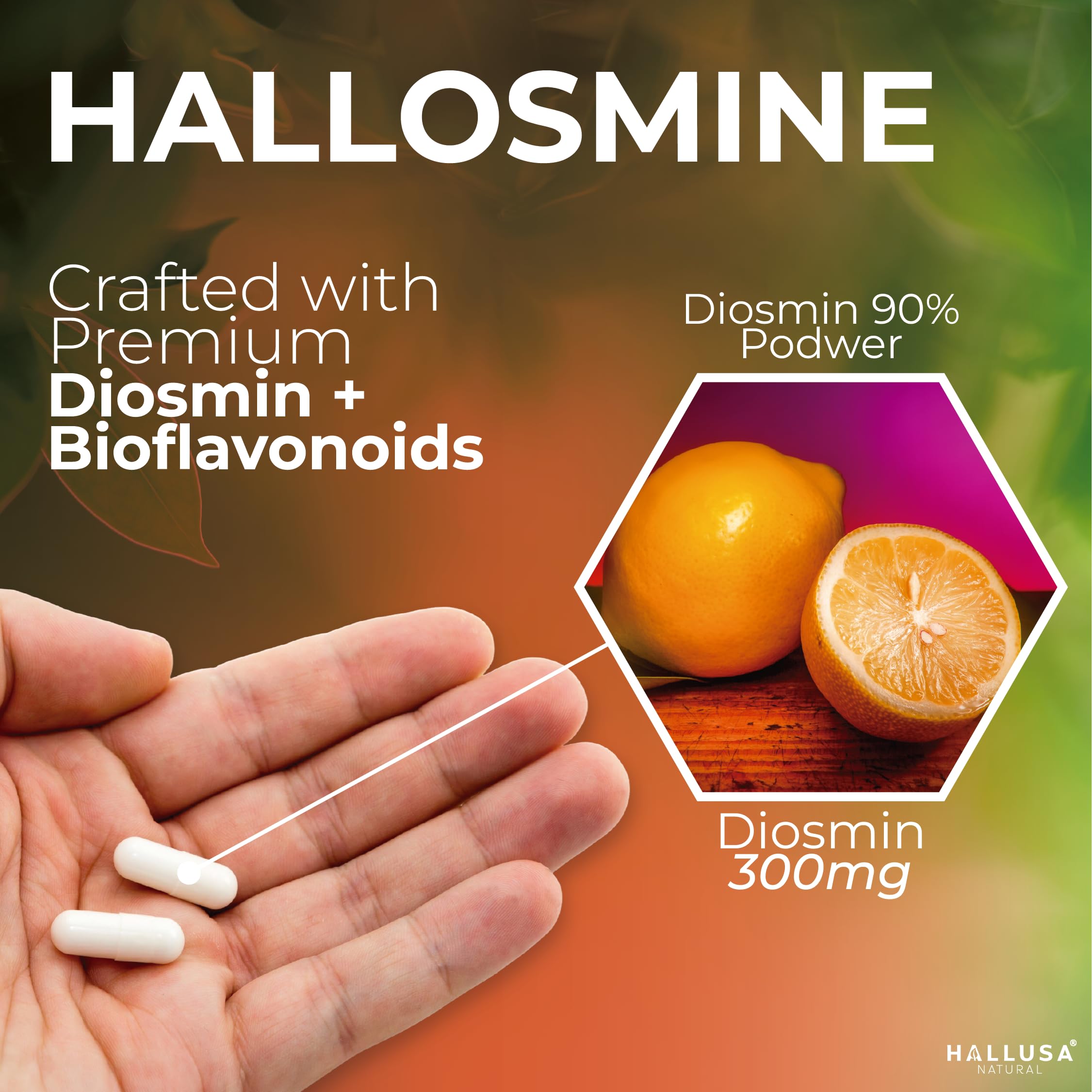 Hallusa Natural Hallosmine capsules close-up showing capsule texture.