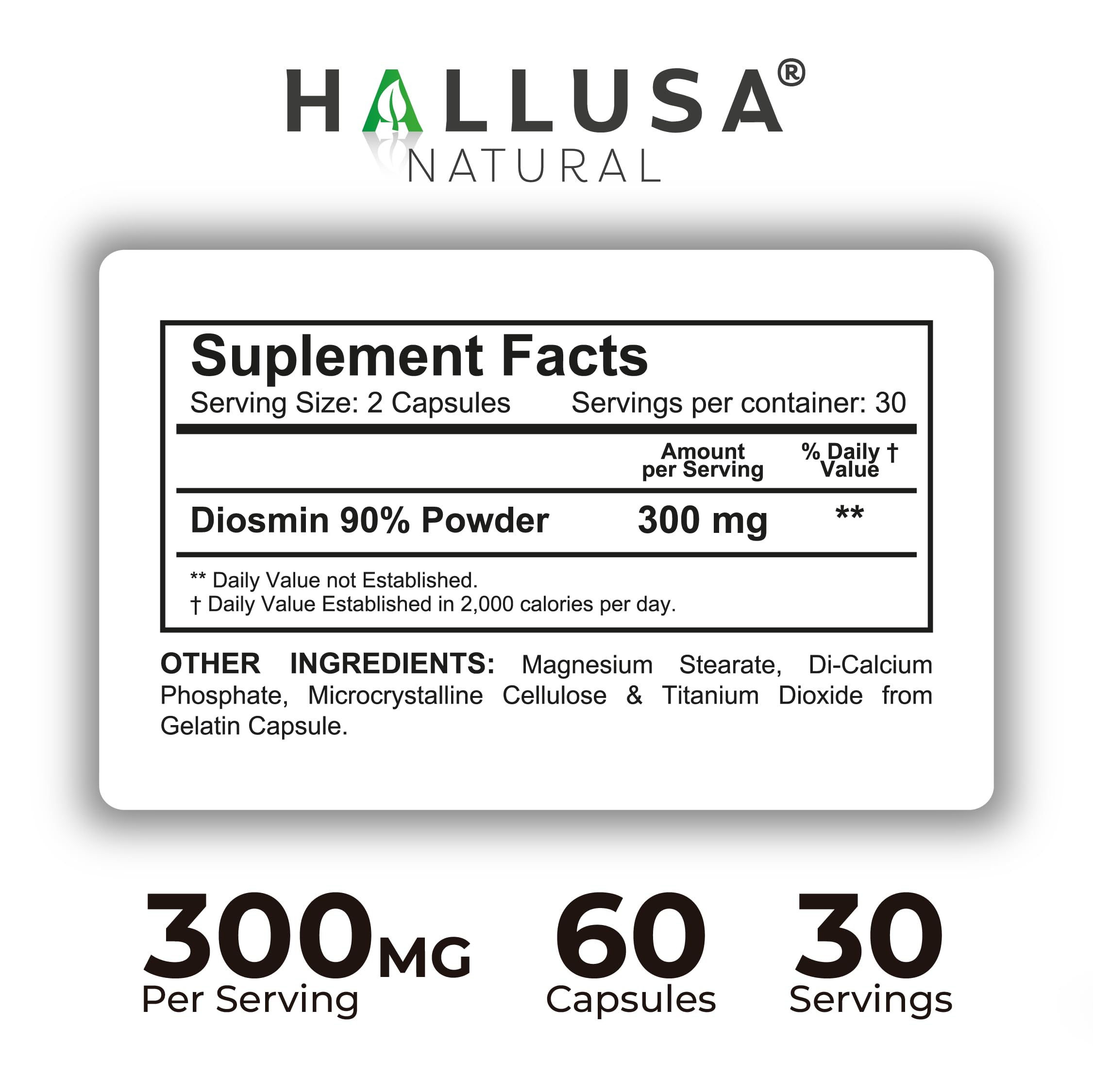 Hallusa Natural Hallosmine label details highlighting 300 mg diosmin content.