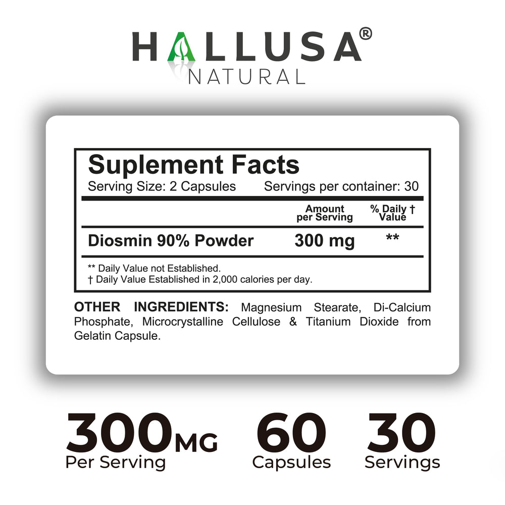 Hallusa Natural Hallosmine label details highlighting 300 mg diosmin content.