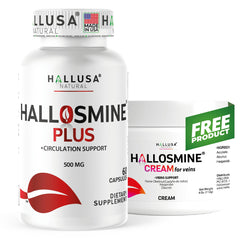 Hallusa Natural Hallosmine Plus 500 mg Diosmin bottle for leg circulation support.