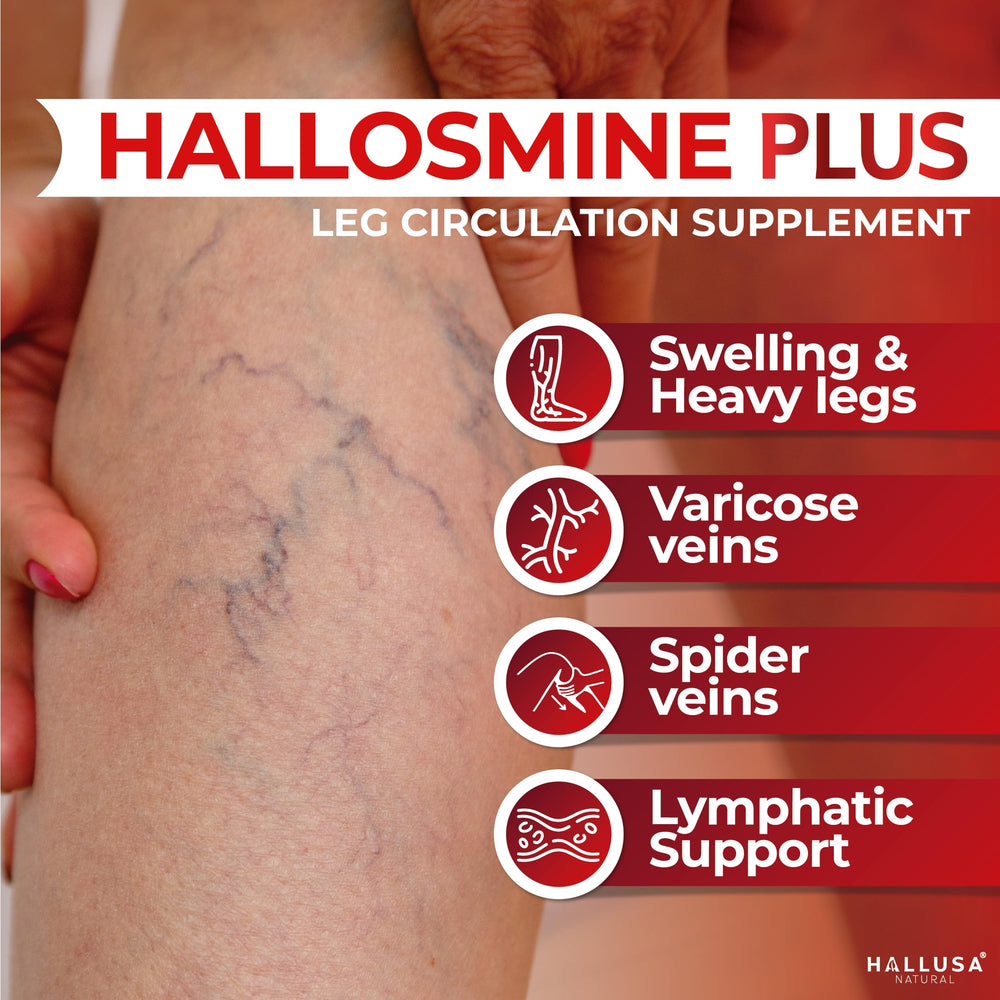 Hallusa Natural Hallosmine Plus bottle with glass illustrating daily use and dosage.