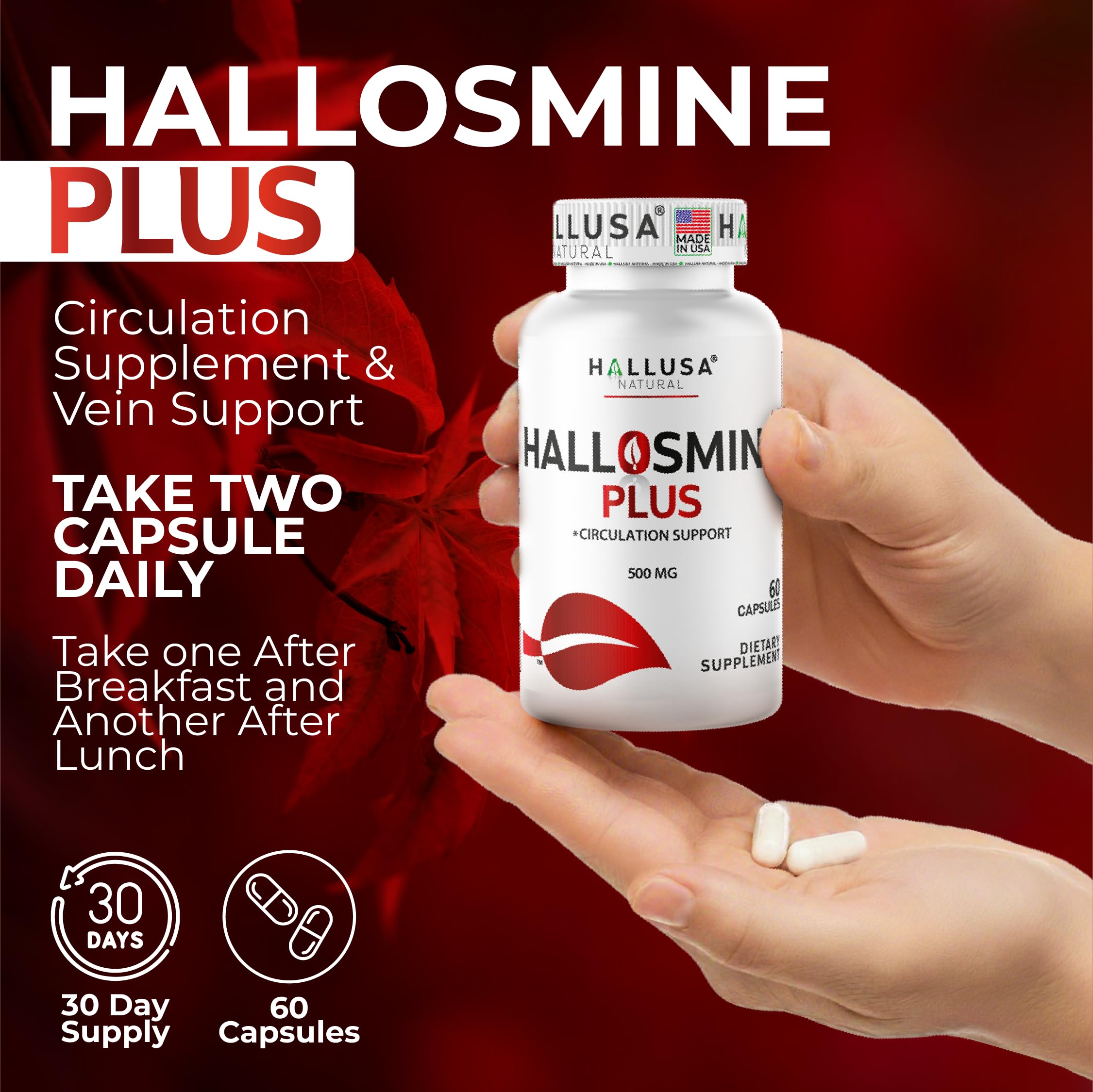 Hallusa Natural Hallosmine Plus bottle with glass illustrating a daily ritual for leg comfort.