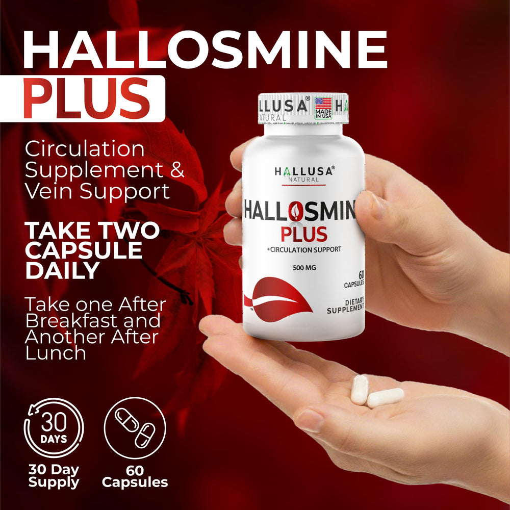 Hallusa Natural Hallosmine Plus bottle with glass illustrating a daily ritual for leg comfort.