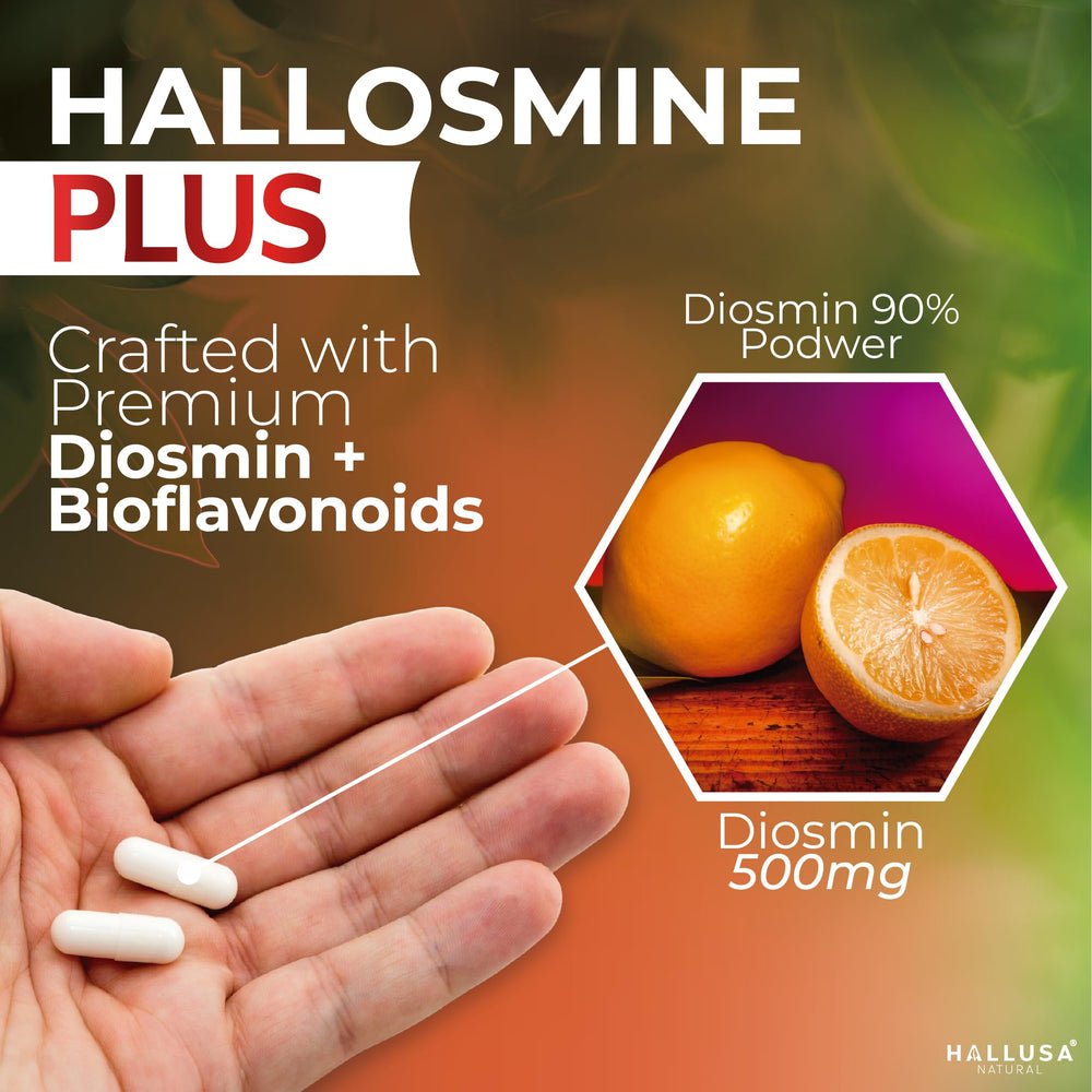 Hallusa Natural Hallosmine Plus capsules close-up ready for daily leg circulation support.