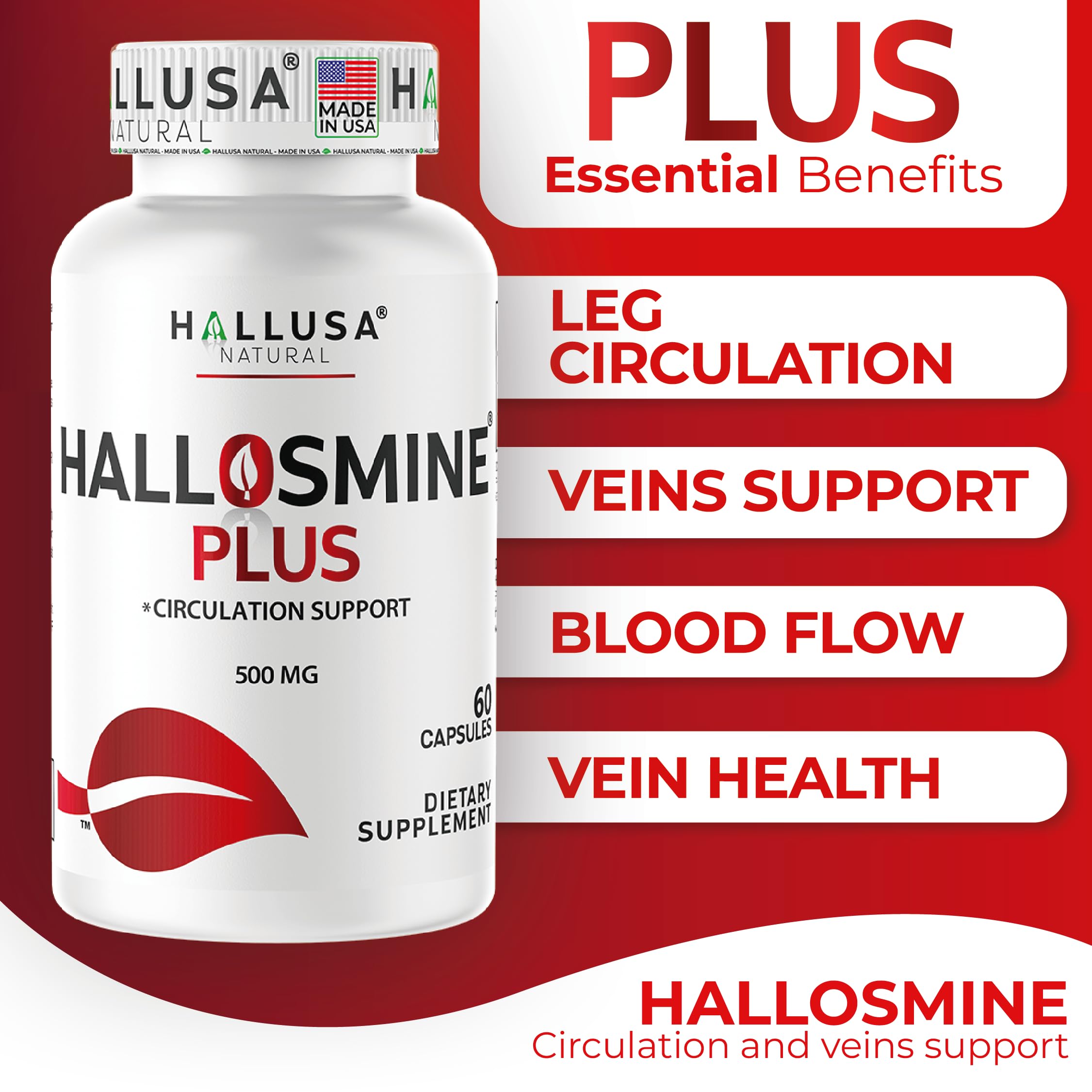 Hallusa Natural Hallosmine Plus capsules label highlighting vascular tone ingredients.