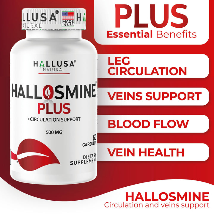 Hallusa Natural Hallosmine Plus capsules label highlighting vascular tone ingredients.