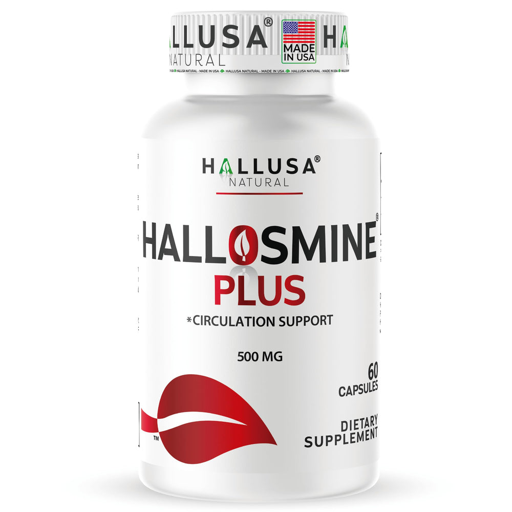 Hallusa Natural Hallosmine Plus bottle highlighting 500 mg diosmin for vein support.