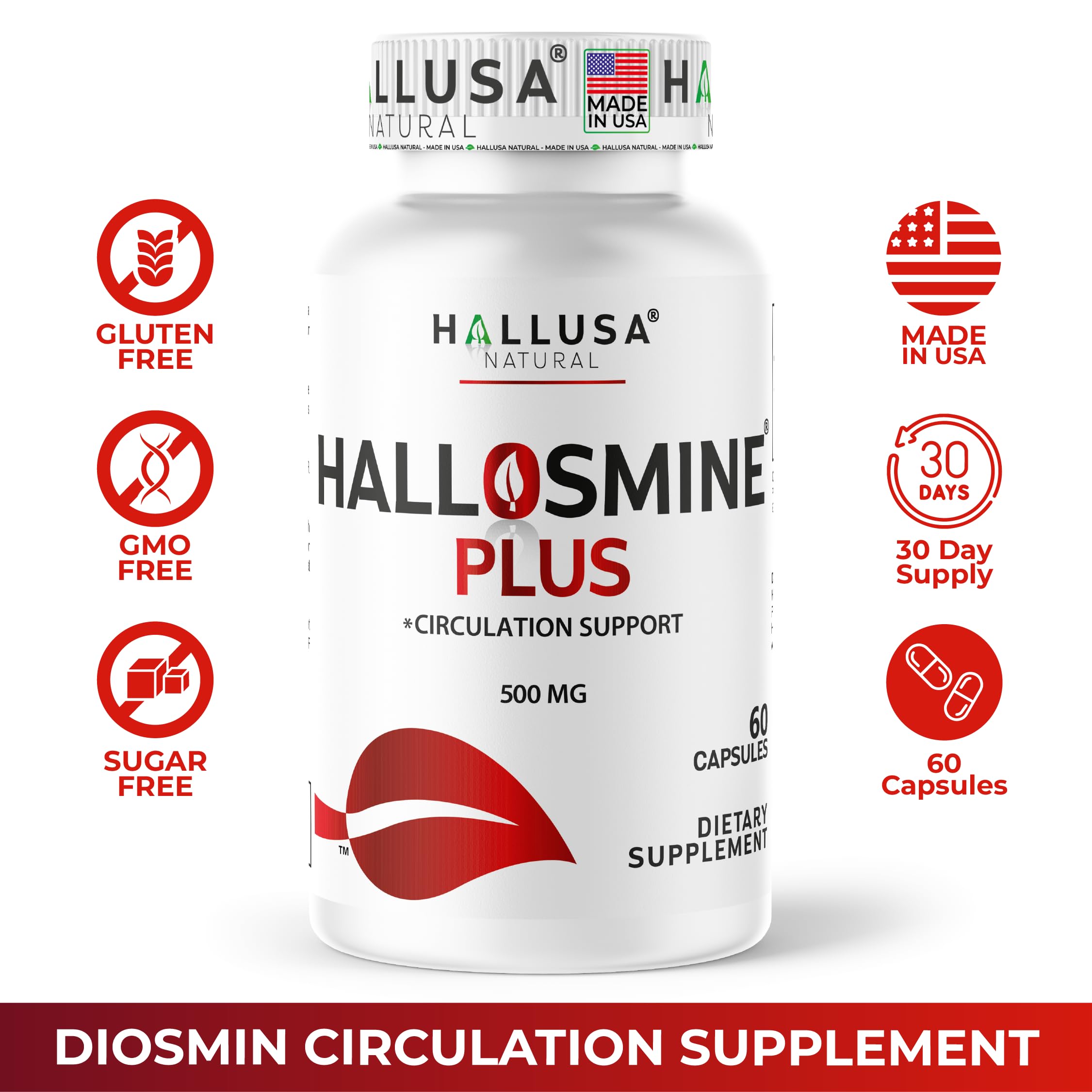 Hallusa Natural Hallosmine Plus vein health concept image suggesting support for visible veins.