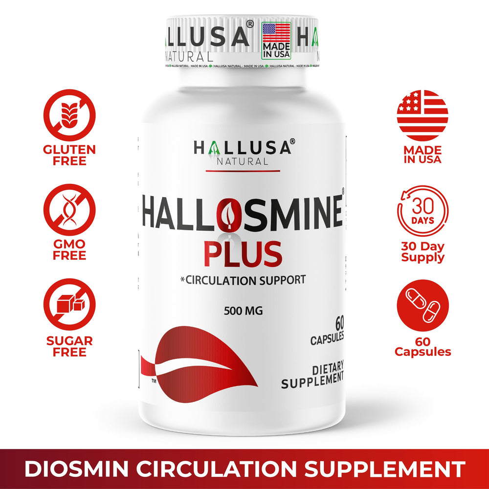 Hallusa Natural Hallosmine Plus vein health concept image suggesting support for visible veins.