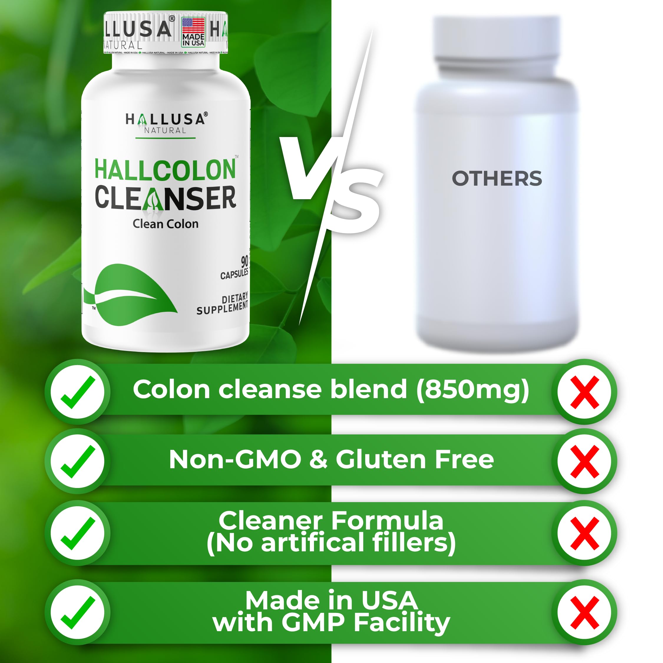 Close-up of natural ingredients and the Hallusa Natural logo