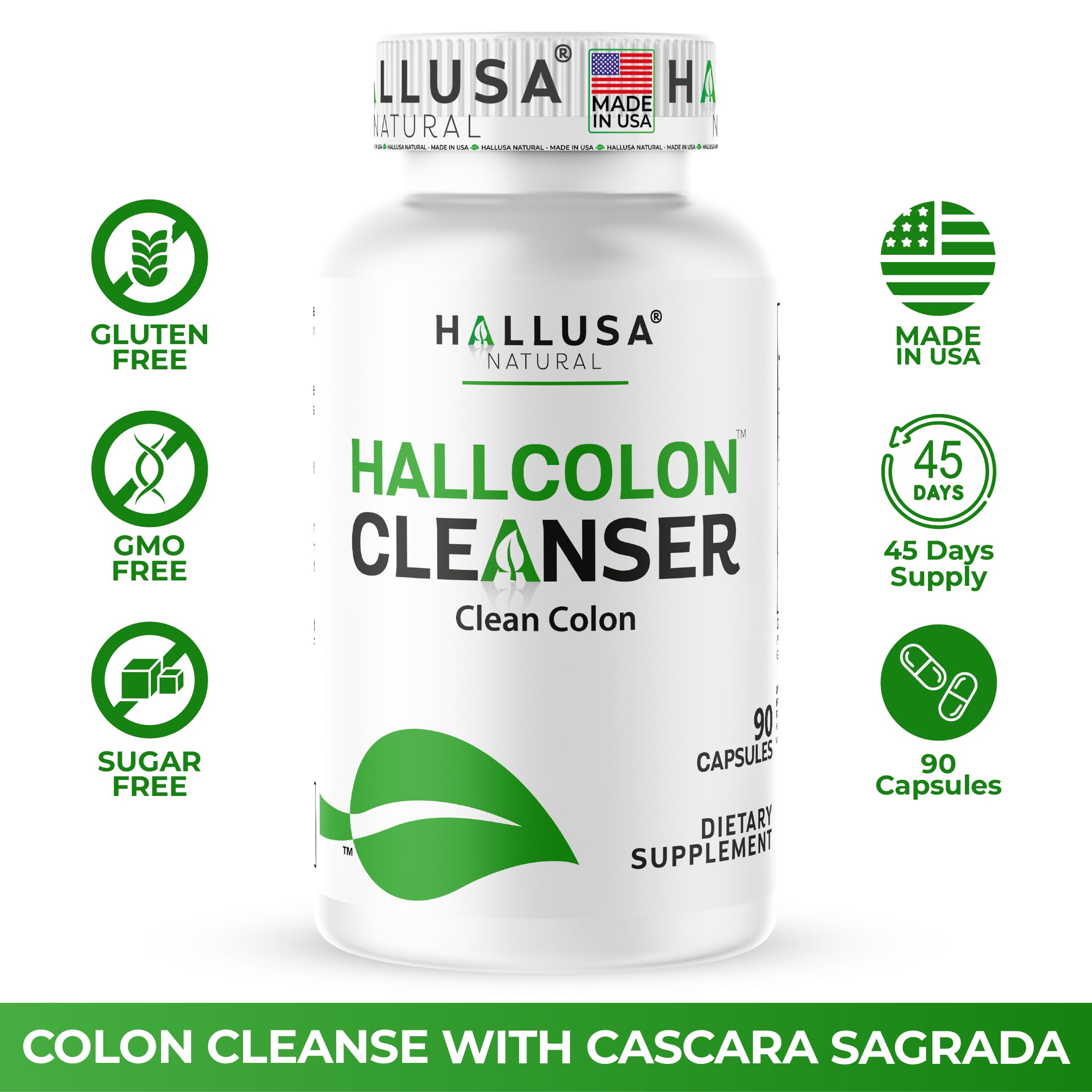 Hallusa Natural Hallcolon Cleanser packaging and capsules on a clean surface