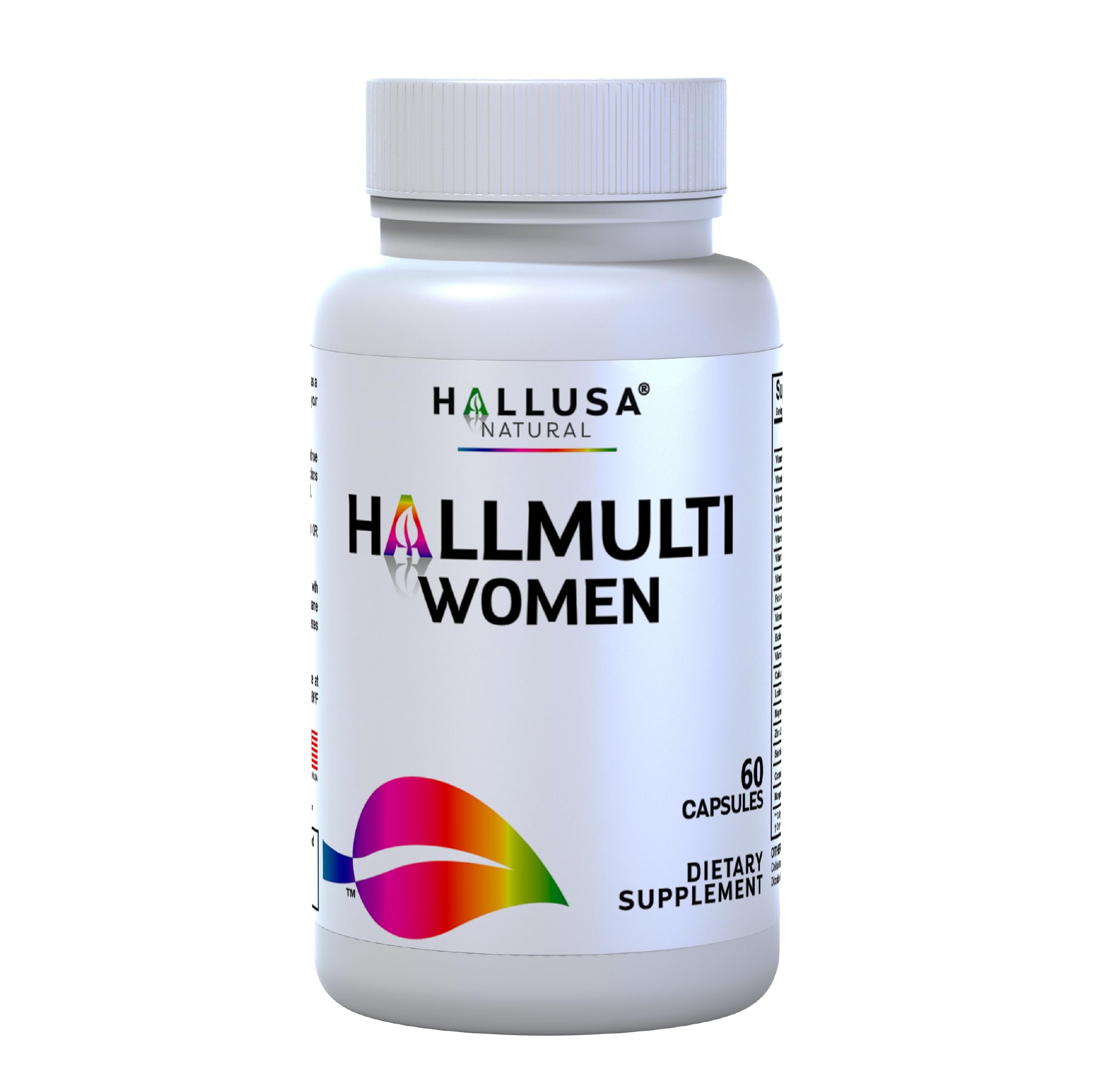 Hallusa Natural Women’s Multivitamin bottle closeup highlighting daily energy and balance.