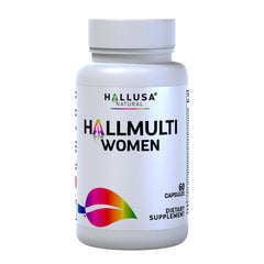 Hallusa Natural Women’s Multivitamin bottle closeup highlighting daily energy and balance.