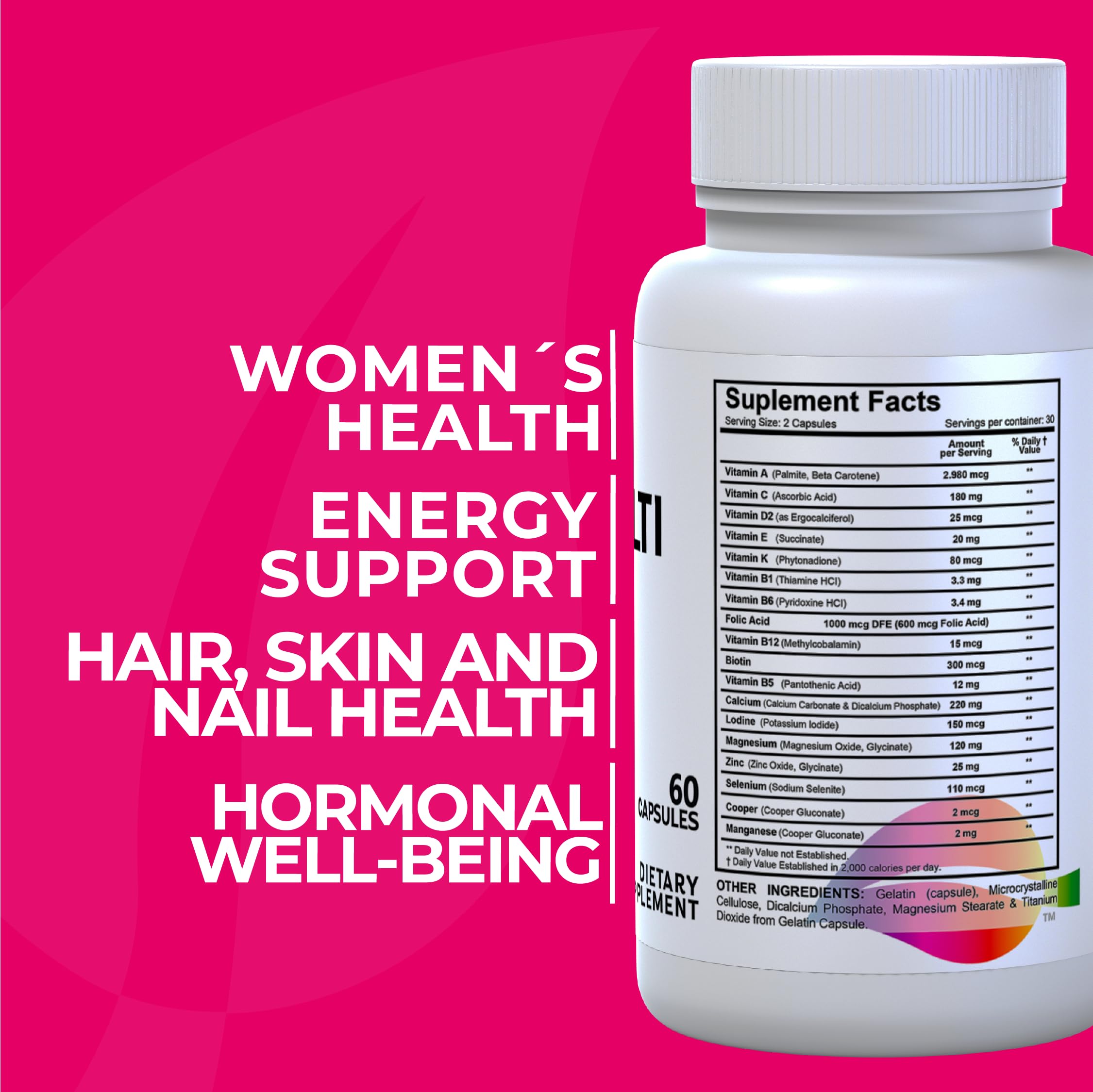 Hallusa Natural Women’s Multivitamin capsules closeup for hair, skin, and nails support.