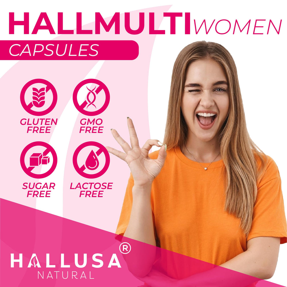 Hallusa Natural Women’s Multivitamin label view shows key nutrients for daily wellness.