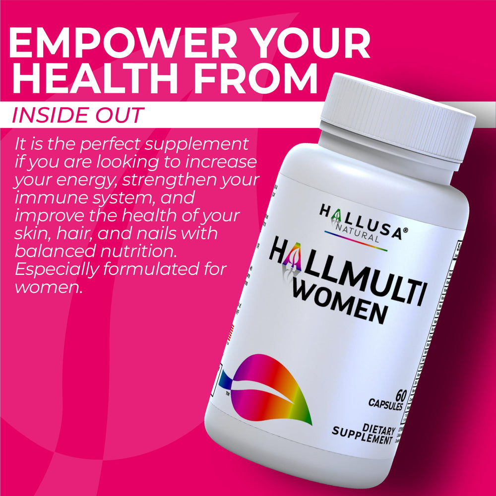 Hallusa Natural Women’s Multivitamin tablets on a white background suggest easy daily intake.