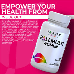 Hallusa Natural Women’s Multivitamin tablets on a white background suggest easy daily intake.