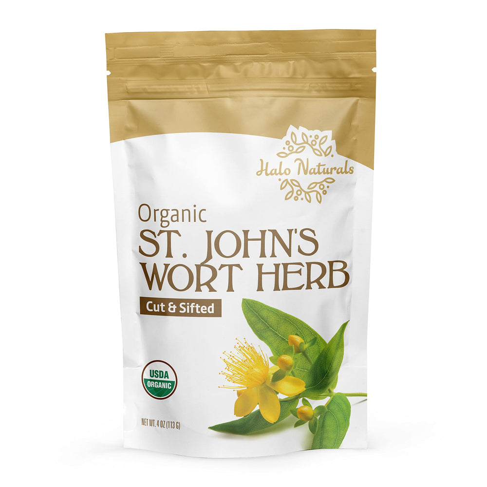 Halo Naturals St. John's Wort dried herb detail closeup highlights fine cut.