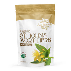 Halo Naturals St. John's Wort dried herb detail closeup highlights fine cut.