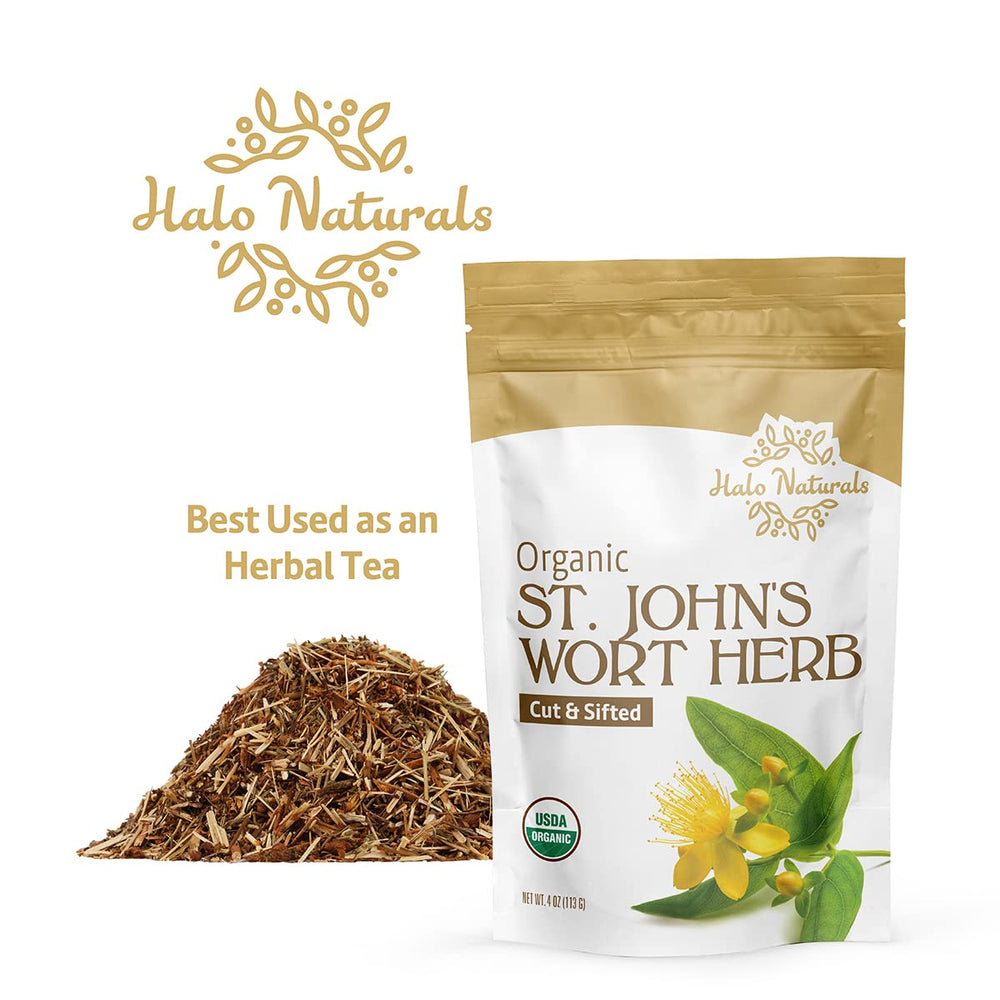 Halo Naturals St. John's Wort tea infusion setup suggests easy brewing.