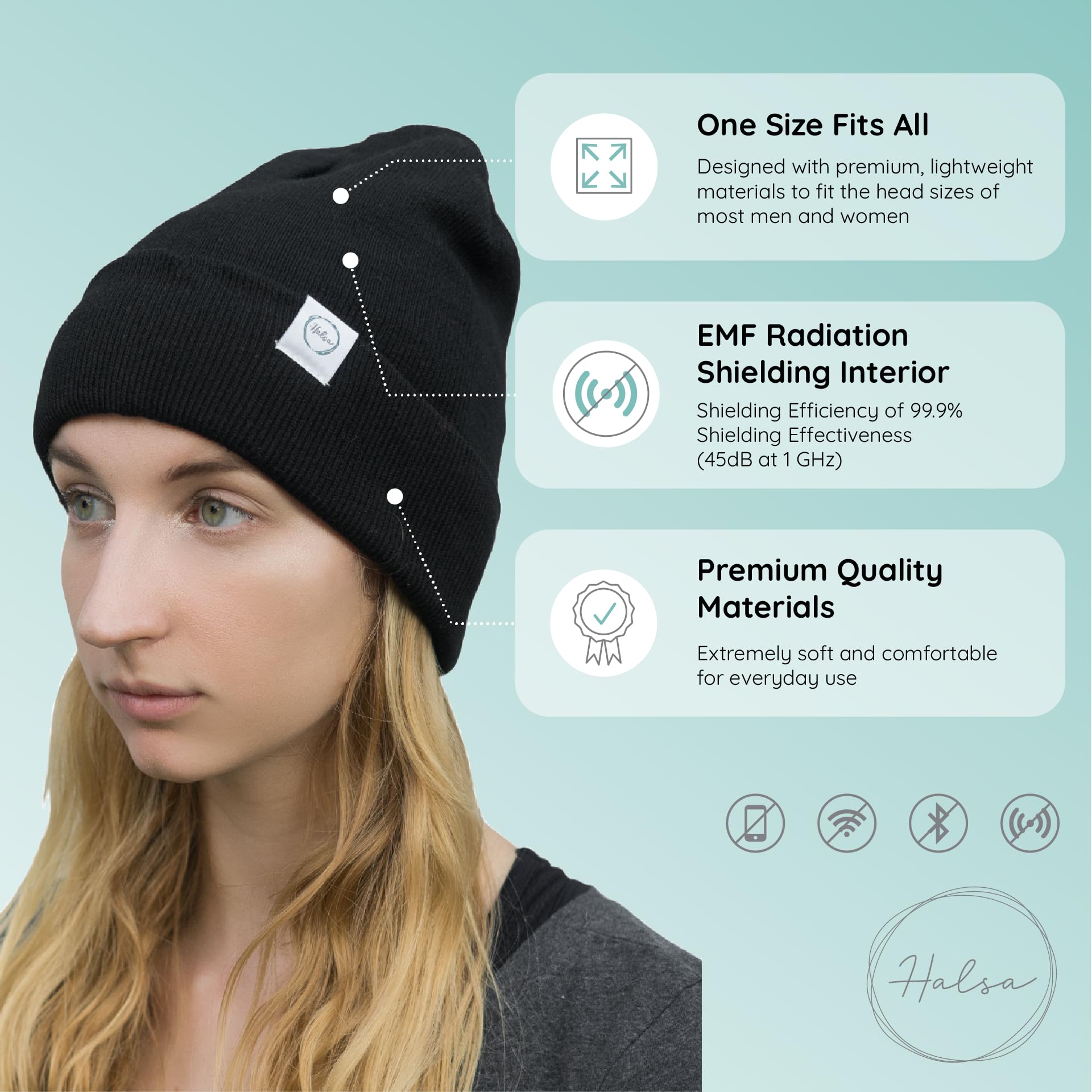 HALSA EMF protection hat side close-up shows silver fabric and design