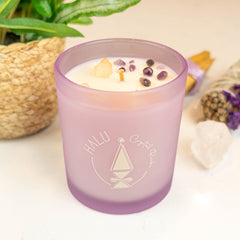 Halu Crystal Reiki lavender-vanilla candle burning fills the room with serenity