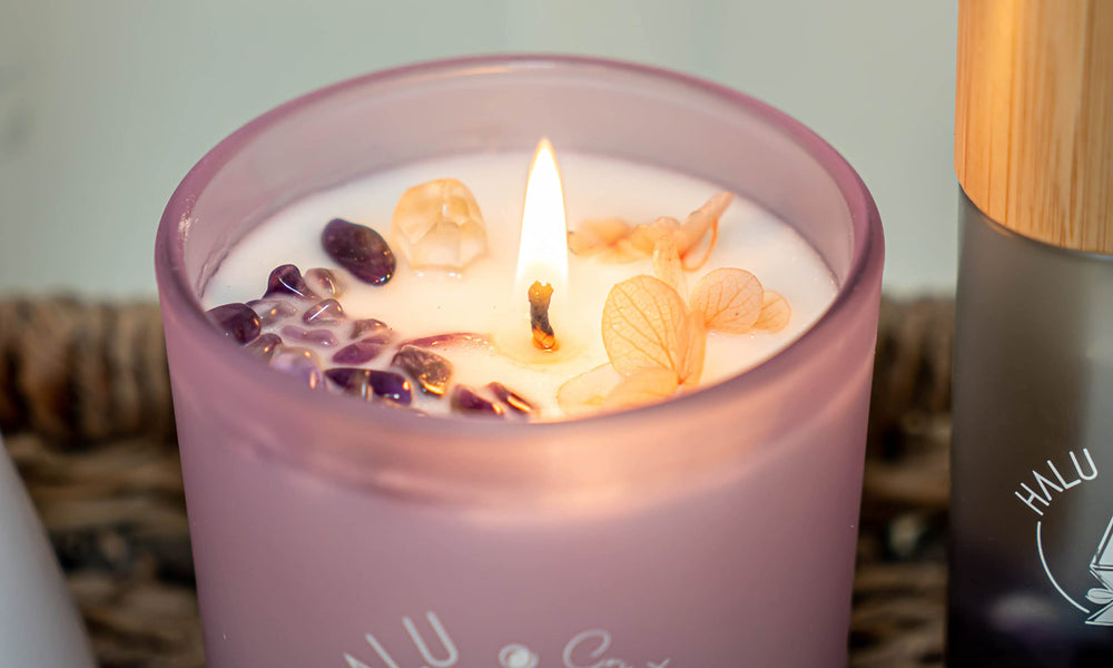 Halu Crystal Reiki lavender-vanilla candle in cozy decor promotes relaxation
