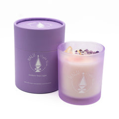 Halu Crystal Reiki lavender-vanilla candle jar close-up highlights serene aroma