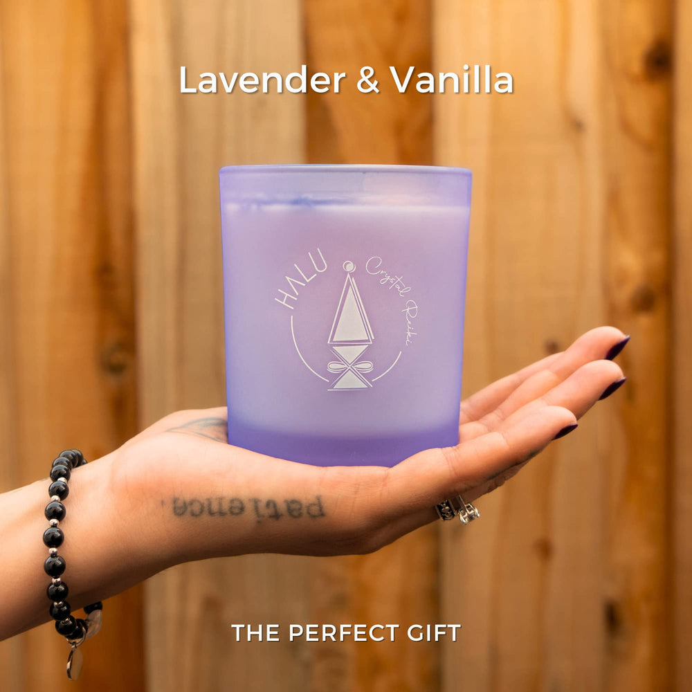 Halu Crystal Reiki candle with quartz inside invites calm during meditation