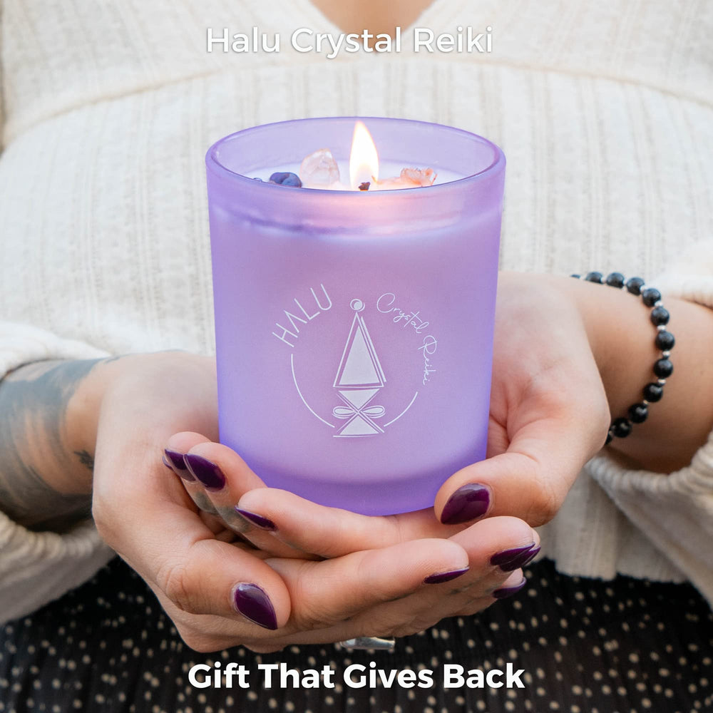 Halu Crystal Reiki lavender-vanilla candle beside reusable wooden box for gifts