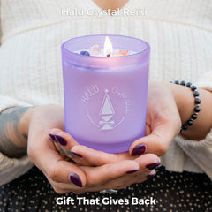 Halu Crystal Reiki lavender-vanilla candle beside reusable wooden box for gifts