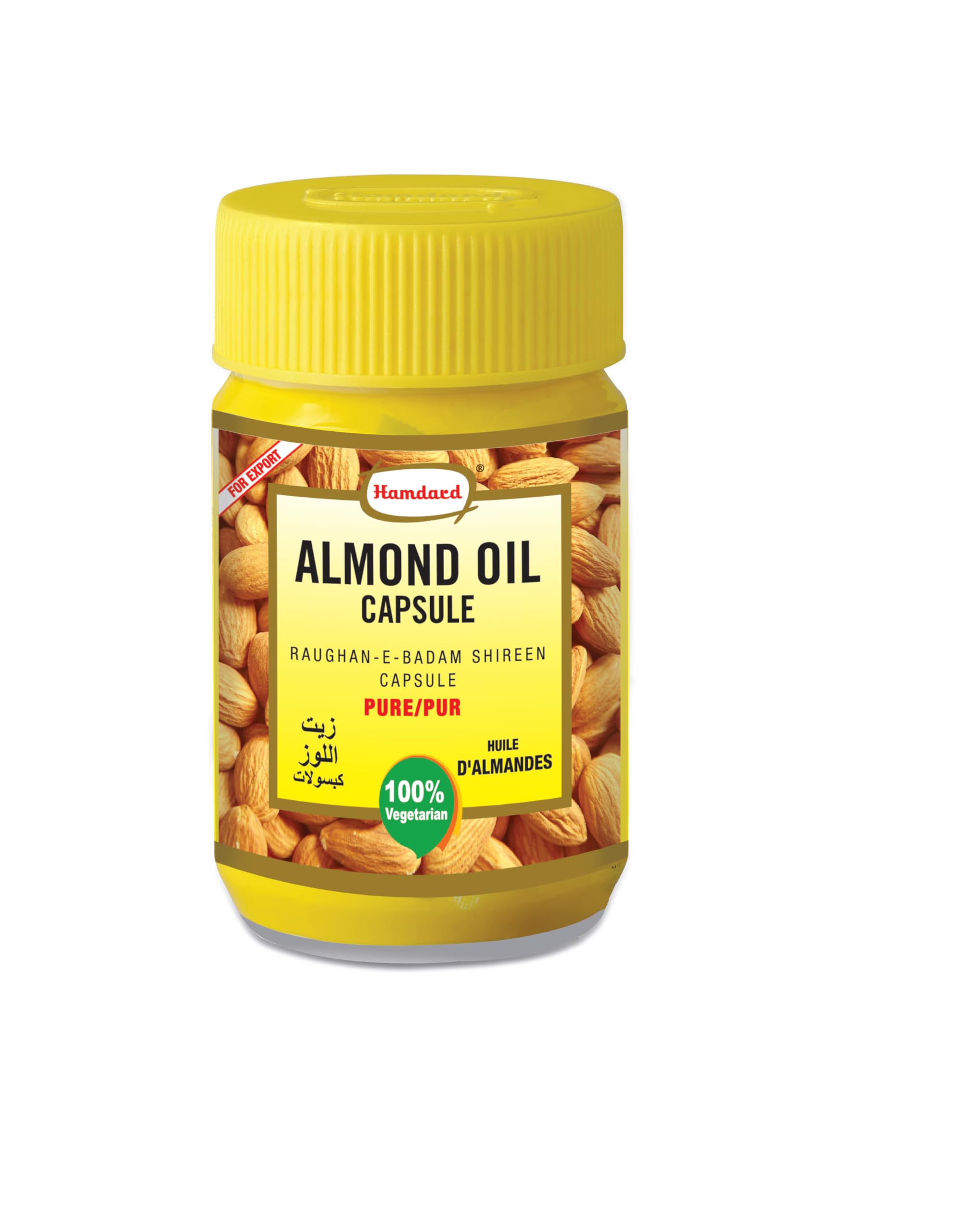 HAMDARD Almond Oil Veg Capsules bottle with capsules, potential support for skin and hair health.