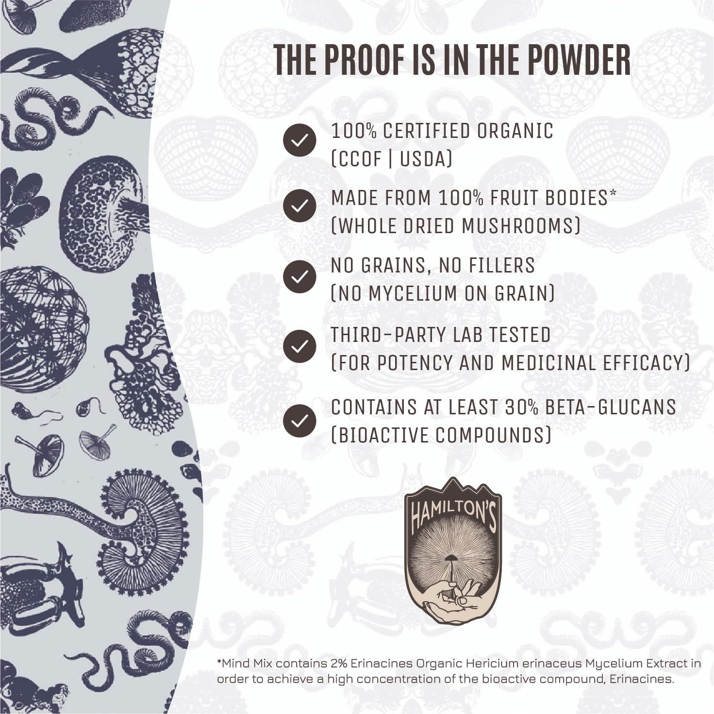 Organic certifications label on Hamilton's Mind Mix packaging