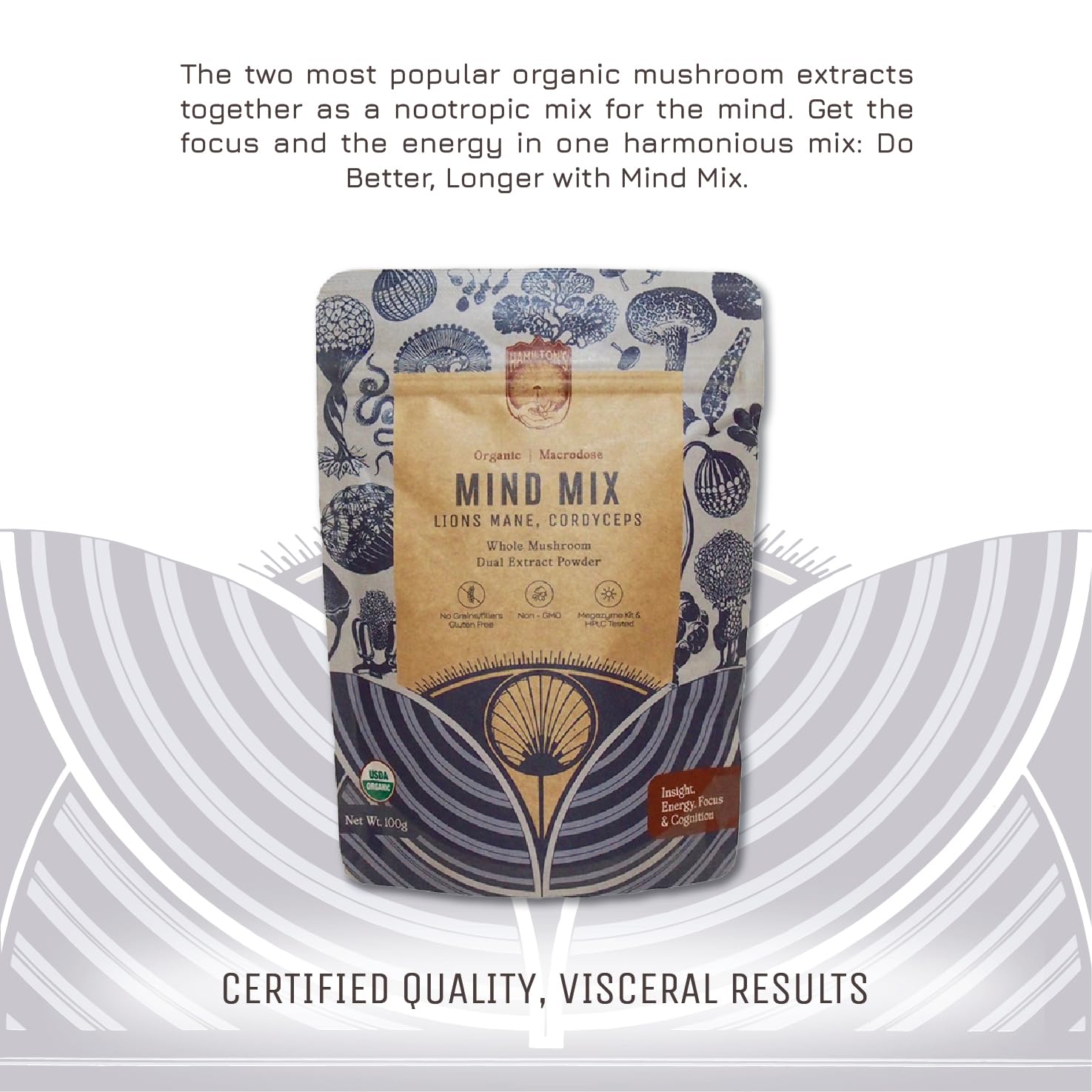 Serving scoop beside Hamilton's Mind Mix jar for easy daily use