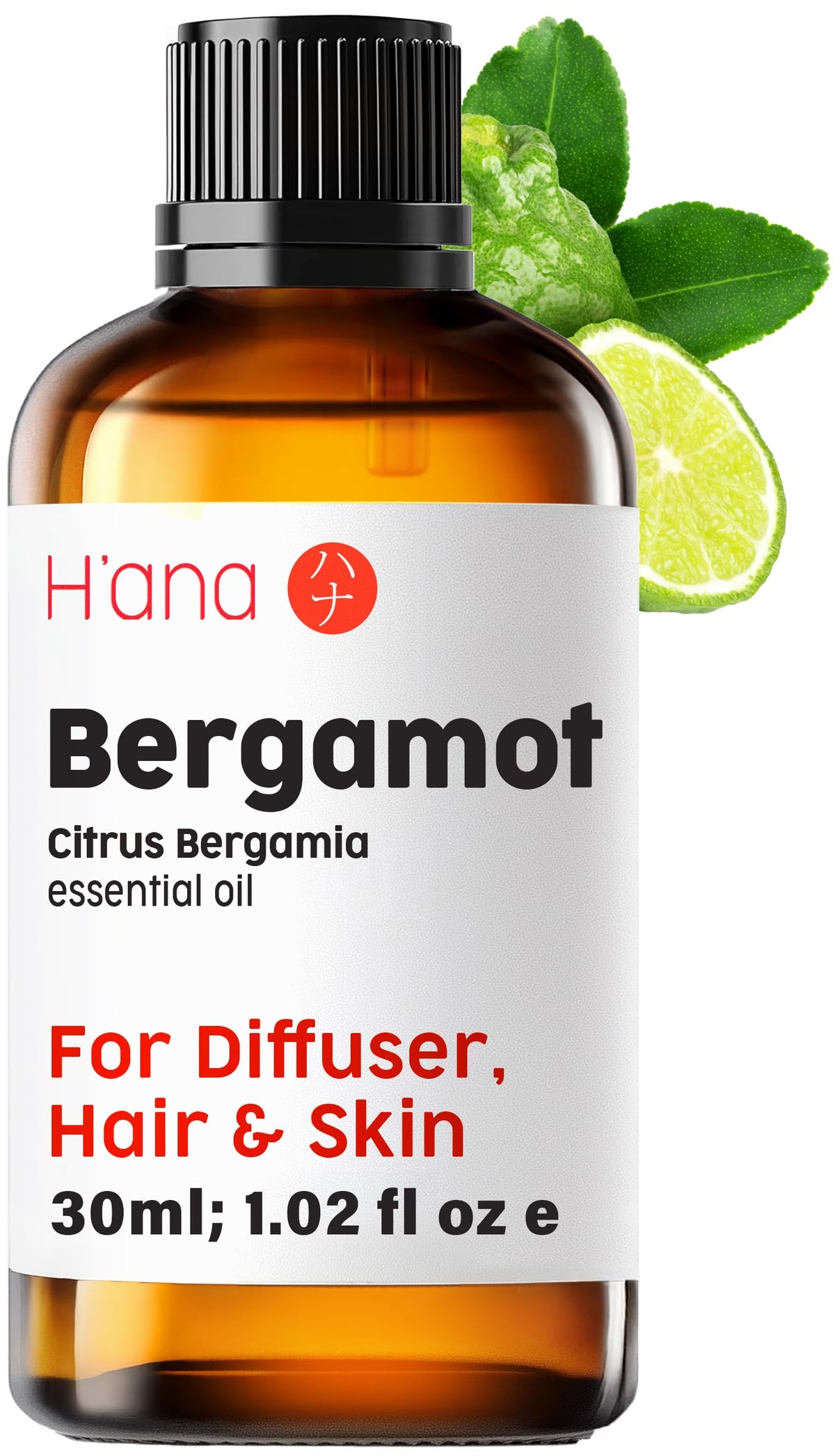 H'ana Bergamot essential oil bottle highlighting vibrant citrus aroma for diffuser use.