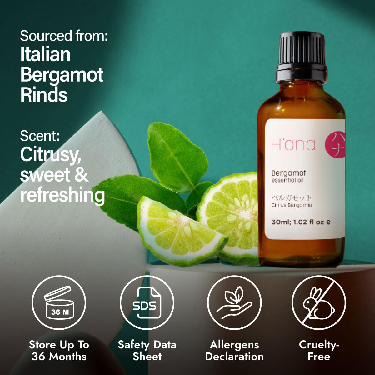 H'ana bergamot oil derived from Italian rinds supports natural aroma.