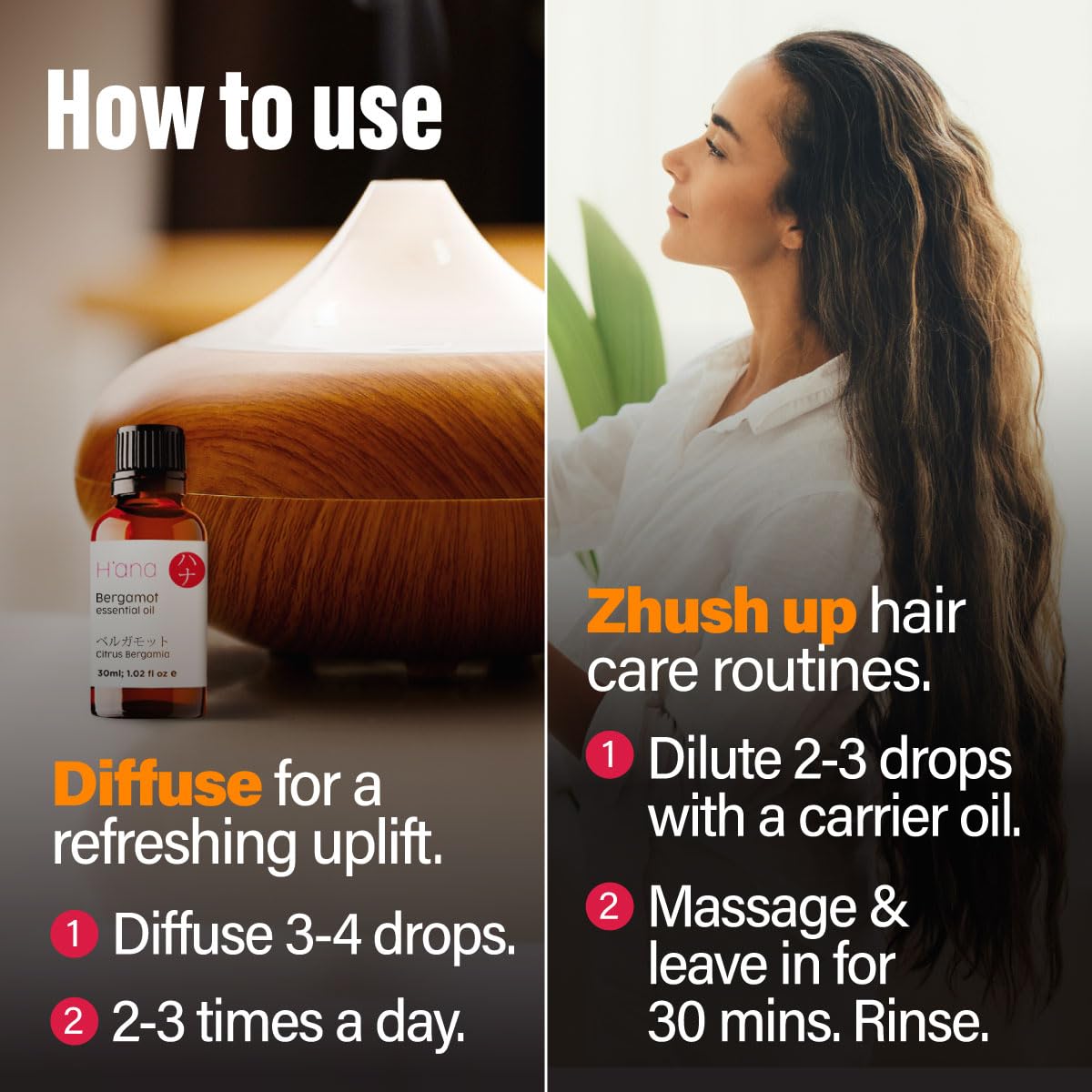 H'ana bergamot oil for hair scalp massage, promoting a refreshing routine.