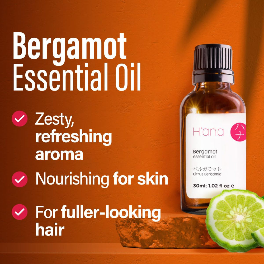 H'ana bergamot oil for skincare application, balancing tones for smoother-looking skin.